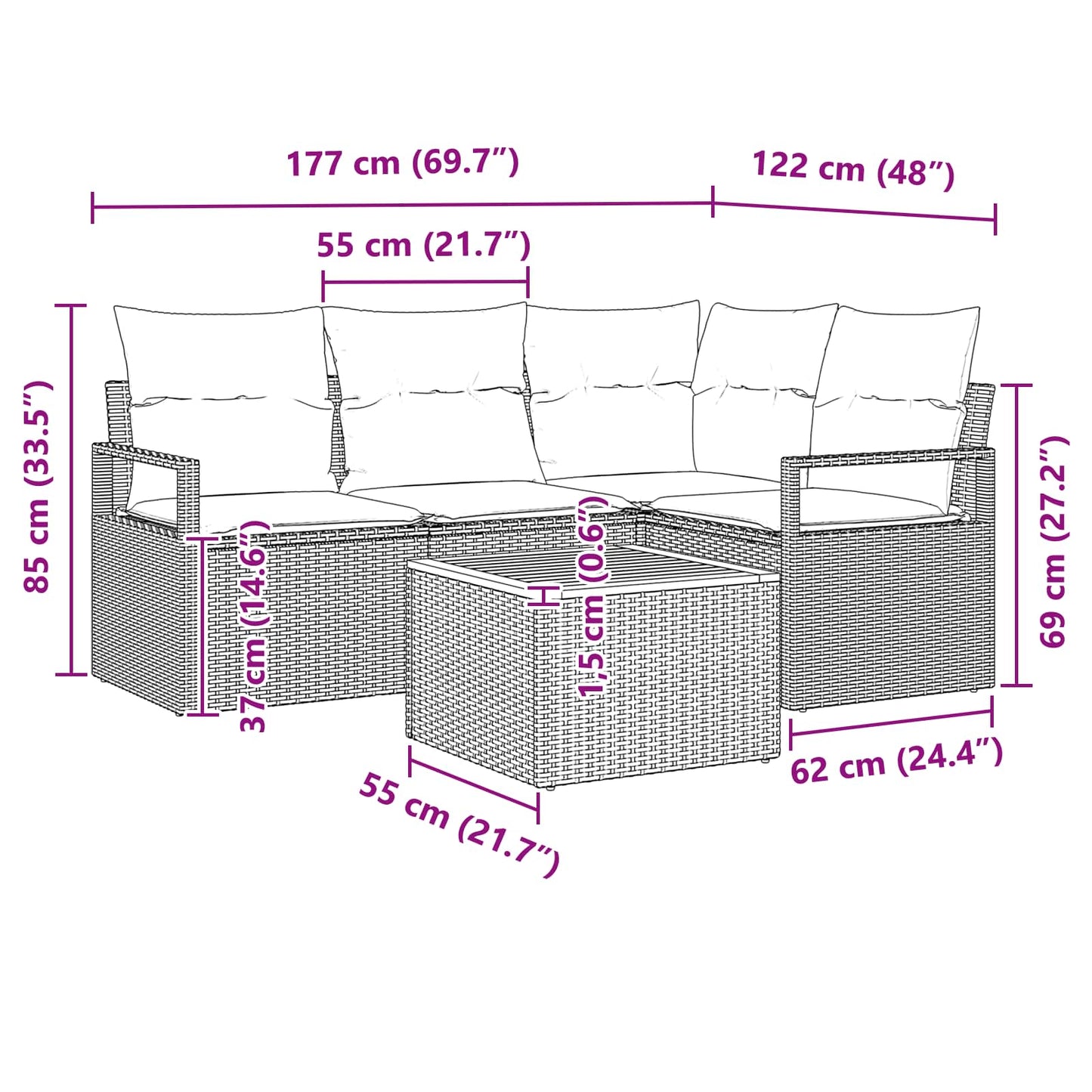 Set Divano da Giardino con cuscino 5 pcs Nero polyrattan