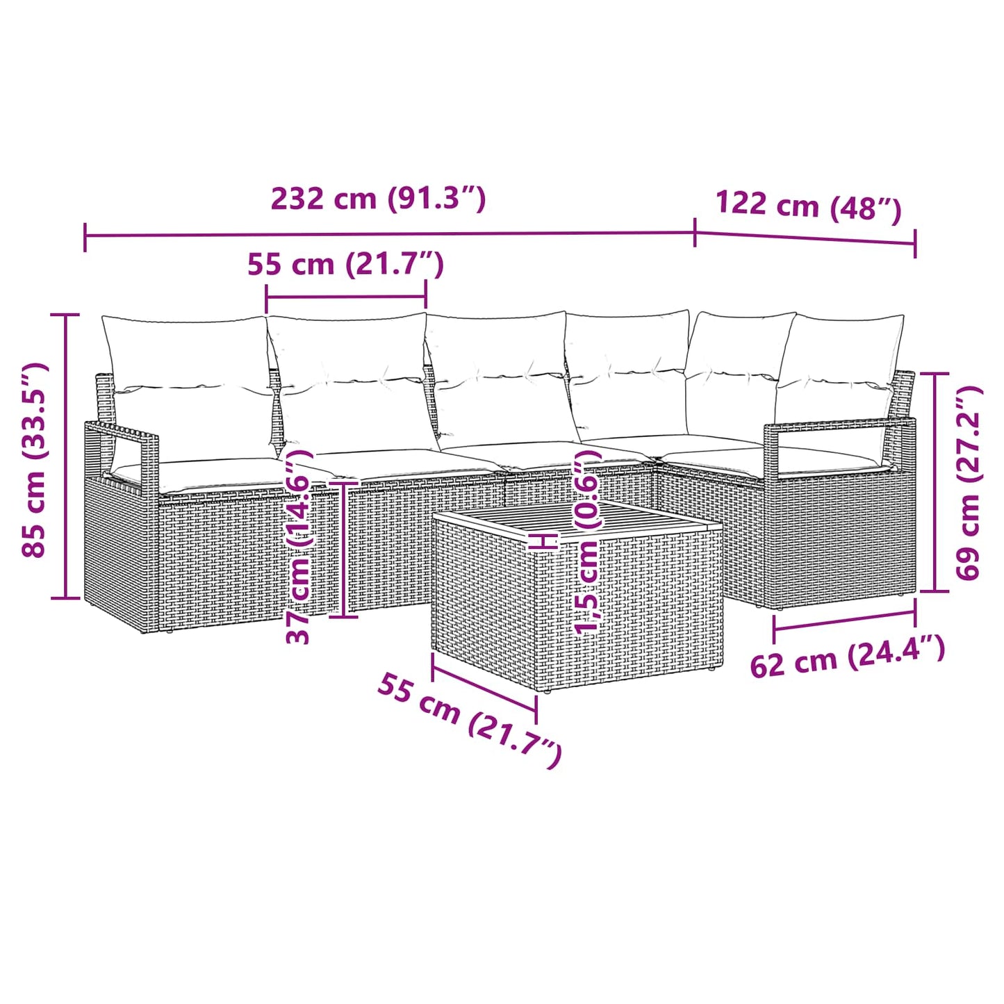 Set Divano da Giardino con cuscino 6 pcs Nero polyrattan | homemem39