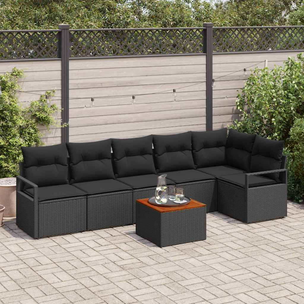 Set Divano da Giardino con cuscino 7 pcs Nero polyrattan