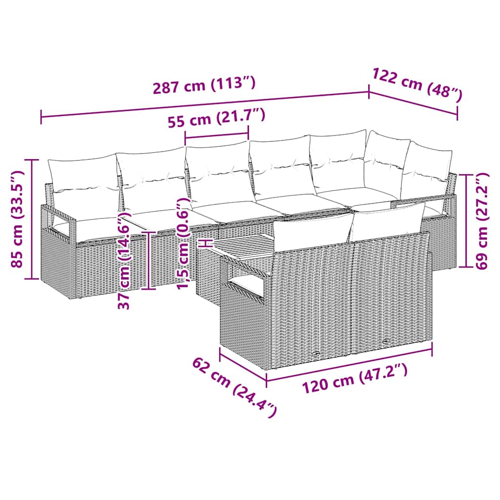 Set Divano da Giardino con cuscino 9 pcs Beige polyrattan | homemem39