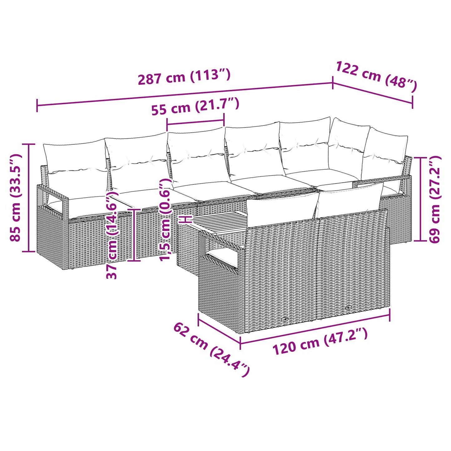 Set Divano da Giardino con cuscino 9 pcs Nero polyrattan | homemem39
