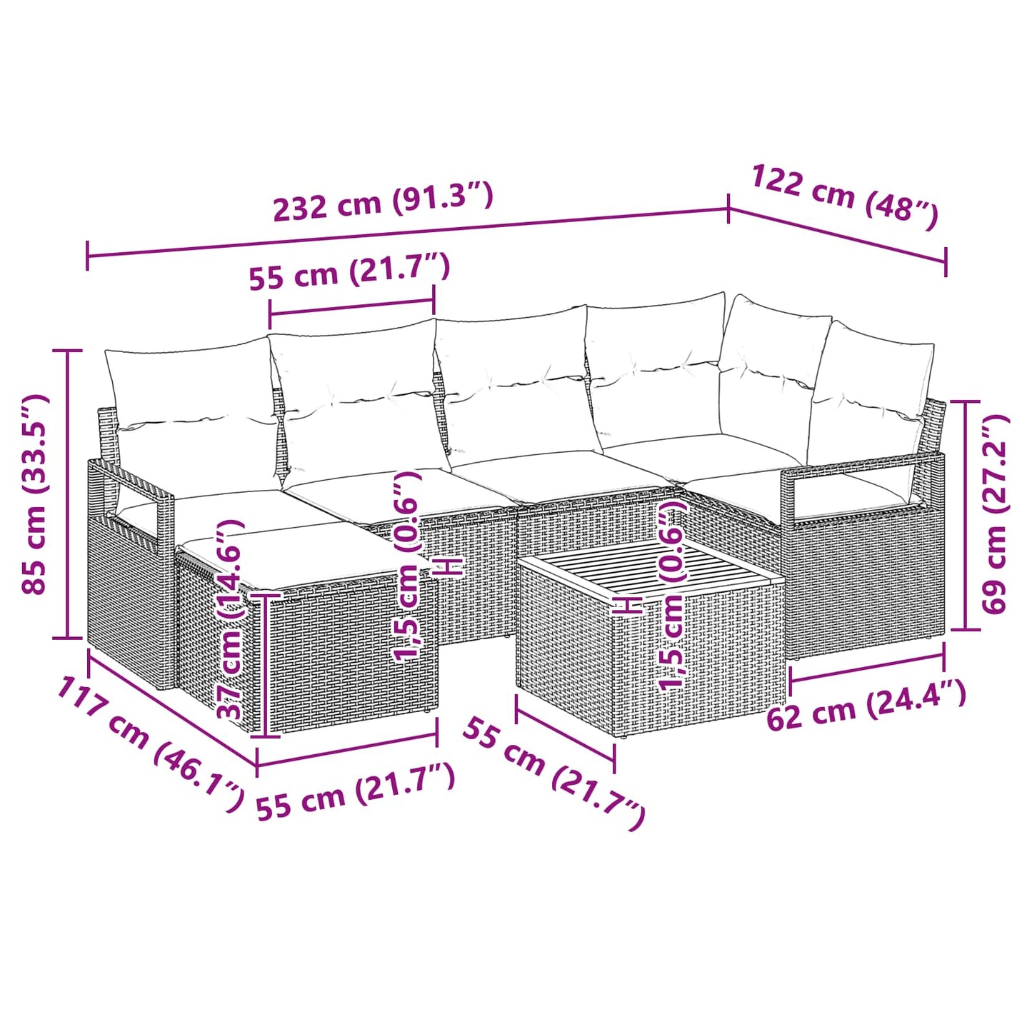 Set Divano da Giardino con cuscino 7 pcs Nero polyrattan | homemem39