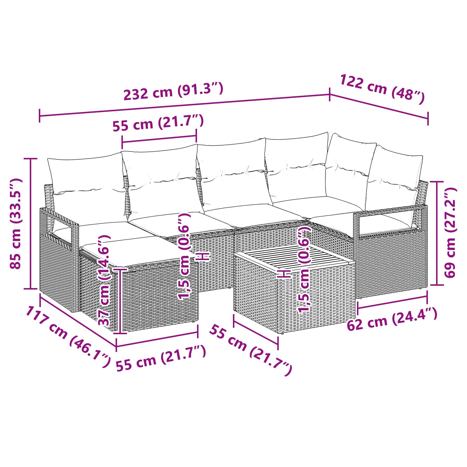 Set Divano da Giardino con cuscino 7 pcs Nero polyrattan | homemem39