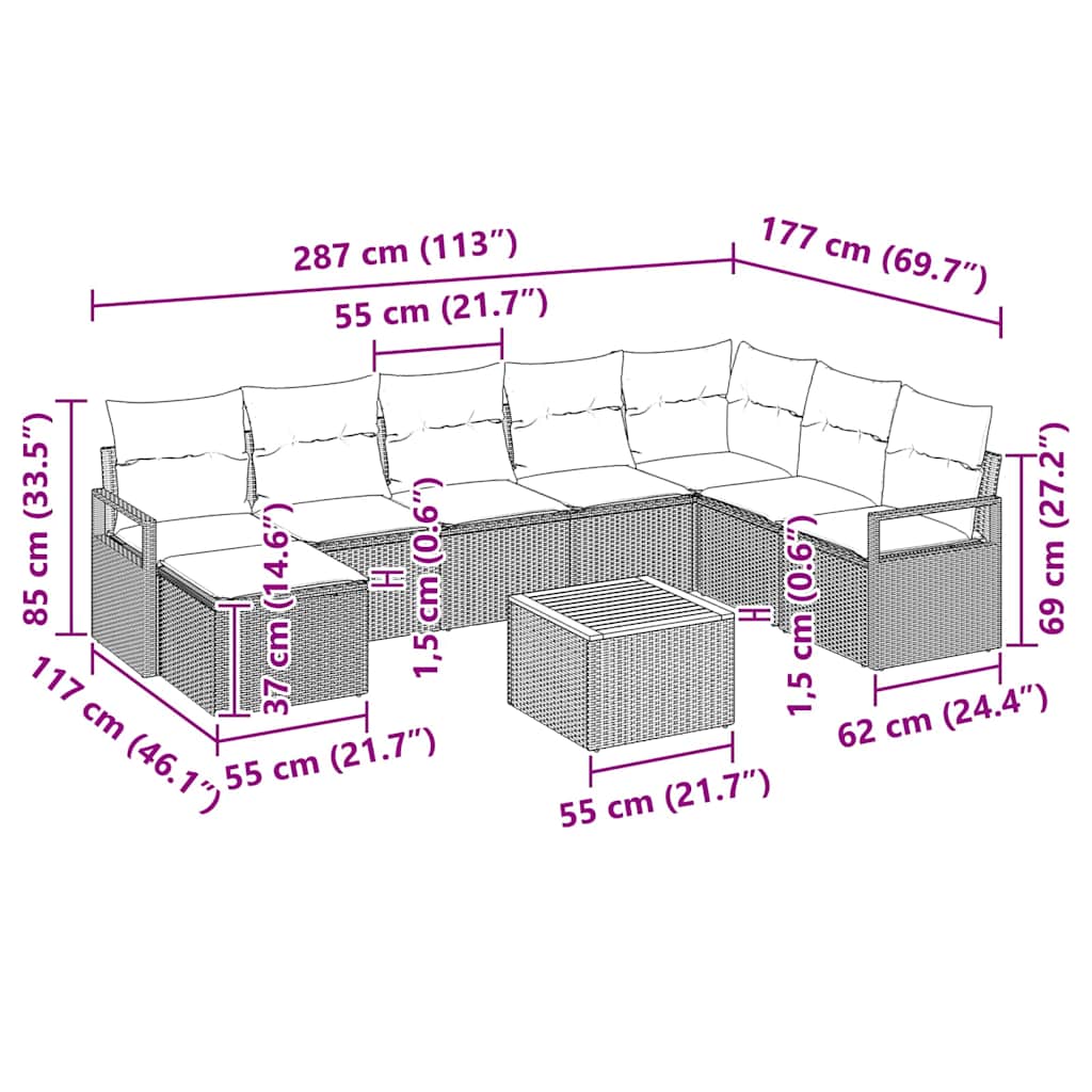 Set Divano da Giardino con cuscino 9 pcs Beige polyrattan | homemem39