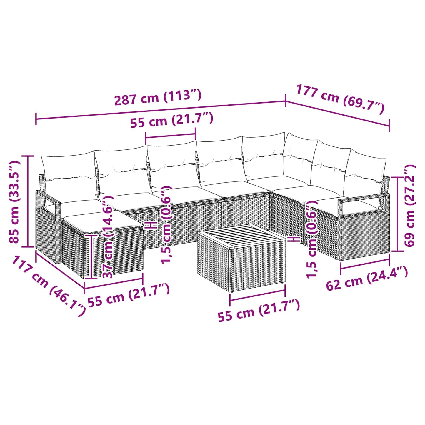 Set Divano da Giardino con cuscino 9 pcs Grigio polyrattan | homemem39