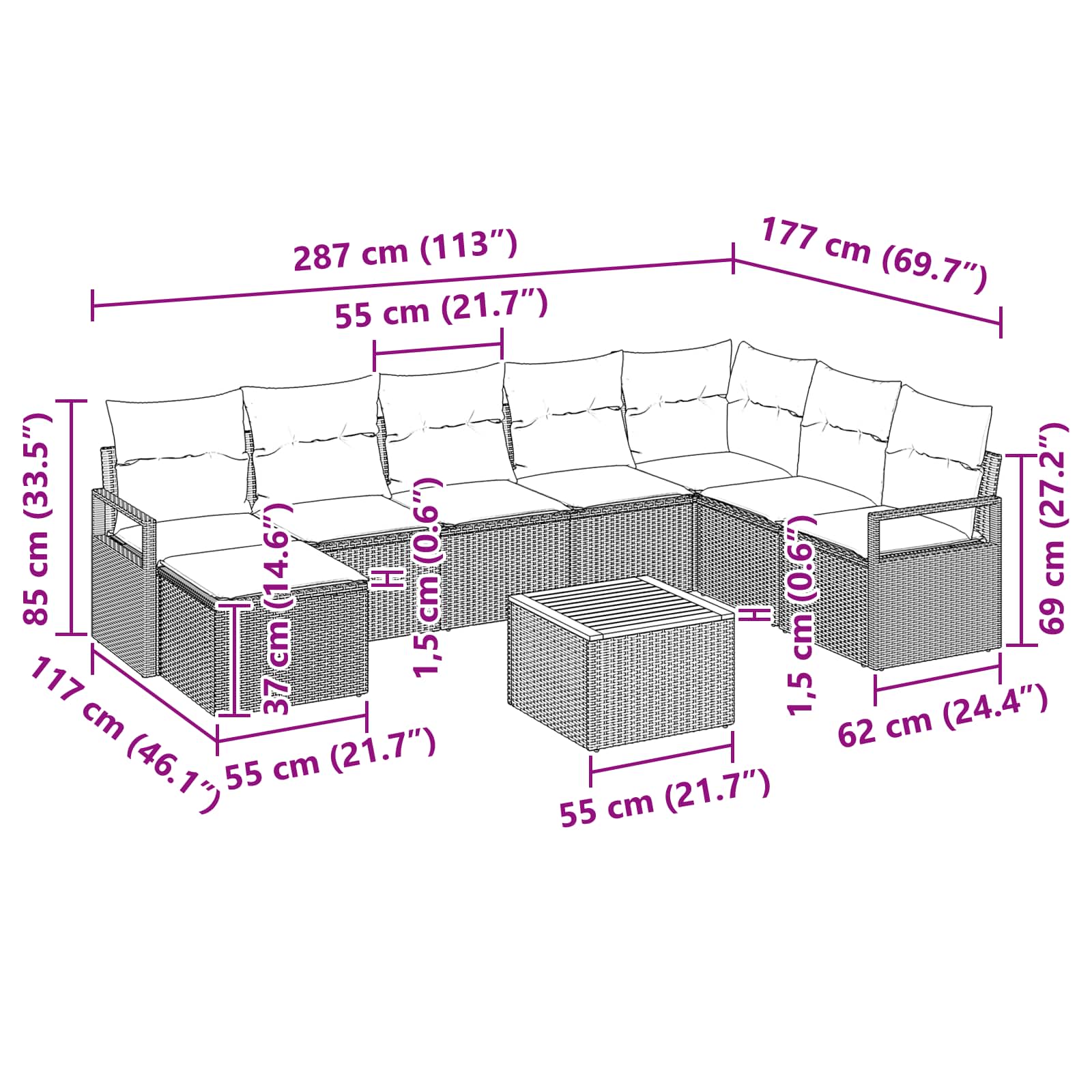 Set Divano da Giardino con cuscino 9 pcs Grigio polyrattan | homemem39