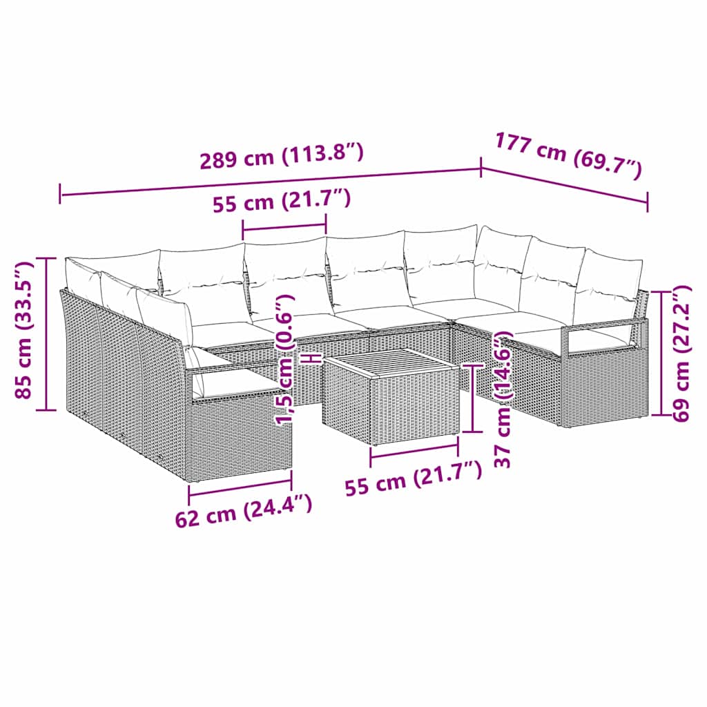 Set Divano da Giardino con cuscino 10 pcs Beige polyrattan | homemem39