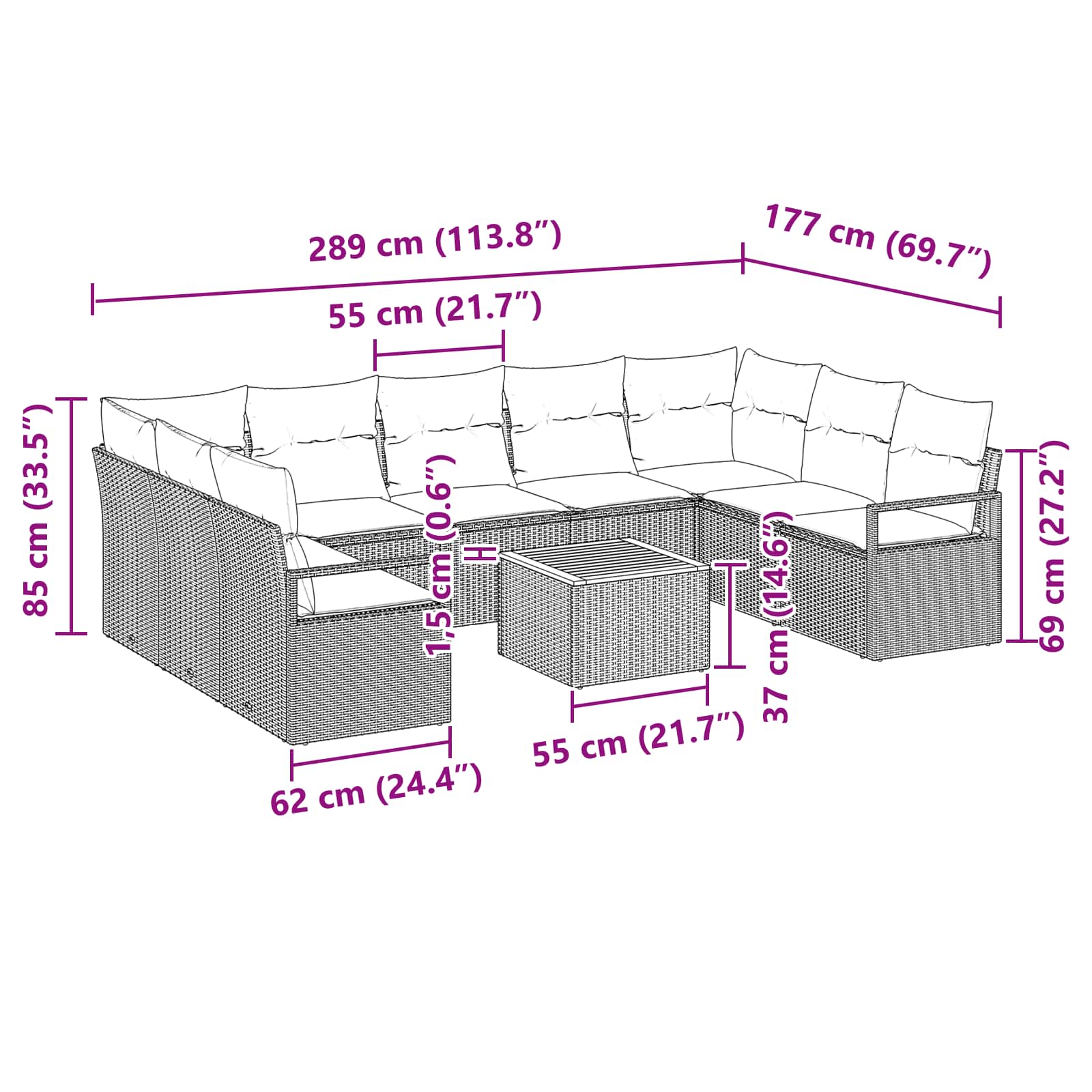 Set Divano da Giardino con cuscino 10 pcs Grigio polyrattan | homemem39