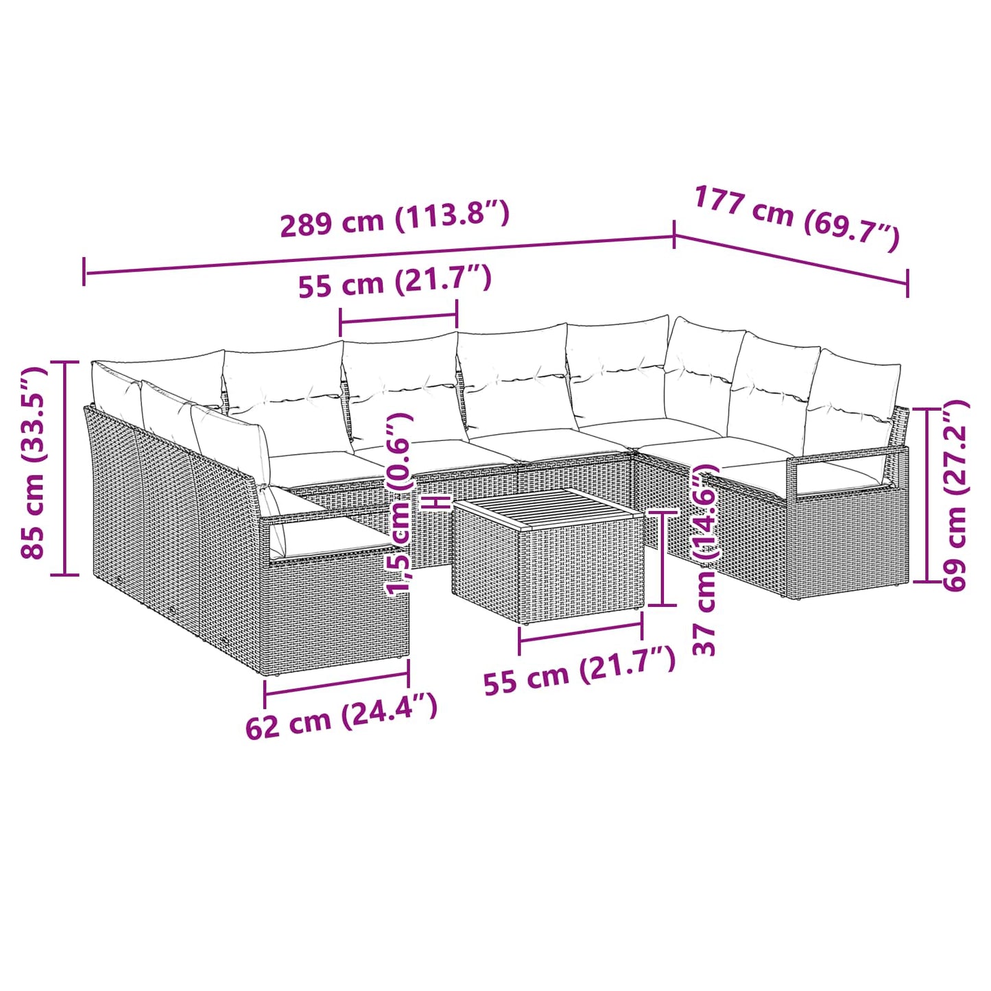 Set Divano da Giardino con cuscino 10 pcs Nero polyrattan | homemem39