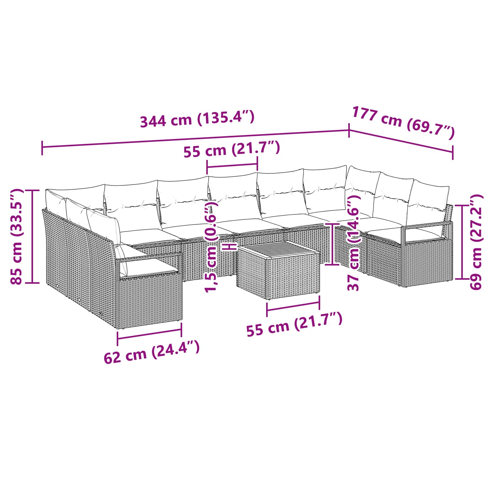 Set Divano da Giardino con cuscino 11 pcs Grigio polyrattan | homemem39