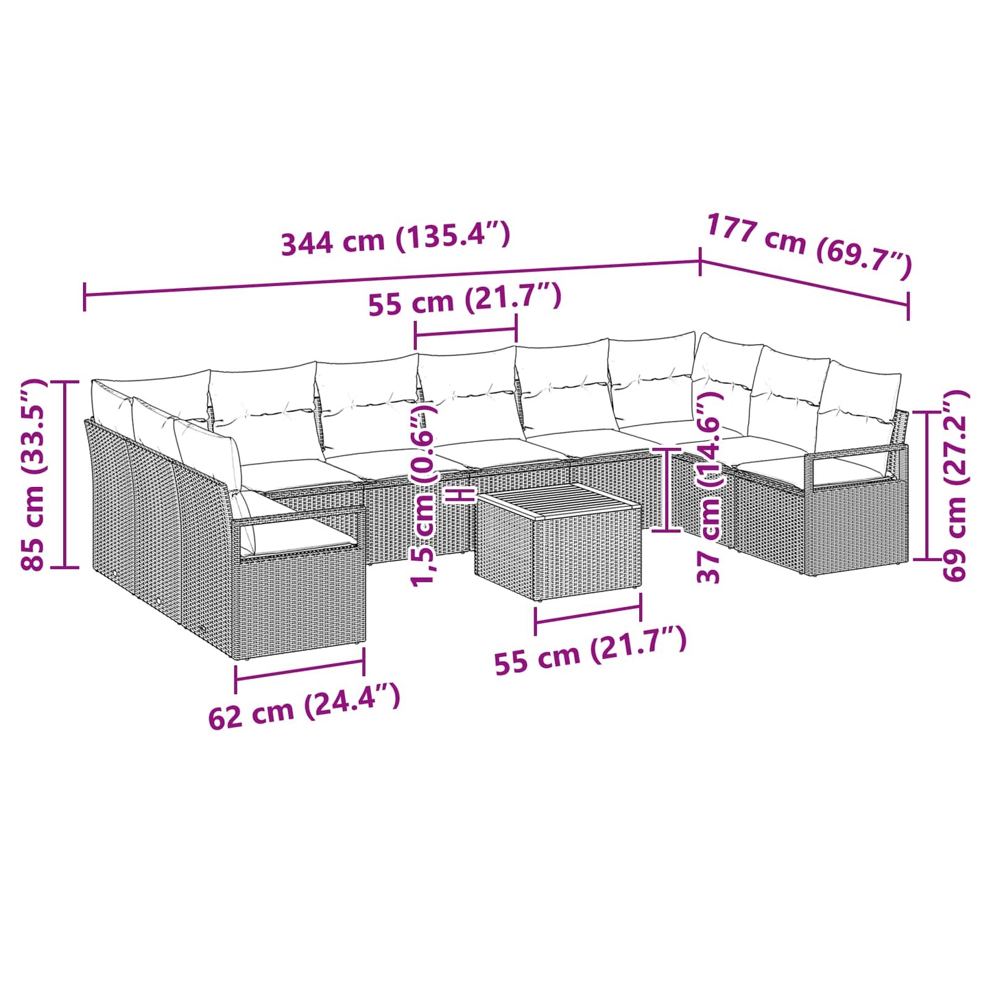 Set Divano da Giardino con cuscino 11 pcs Nero polyrattan | homemem39