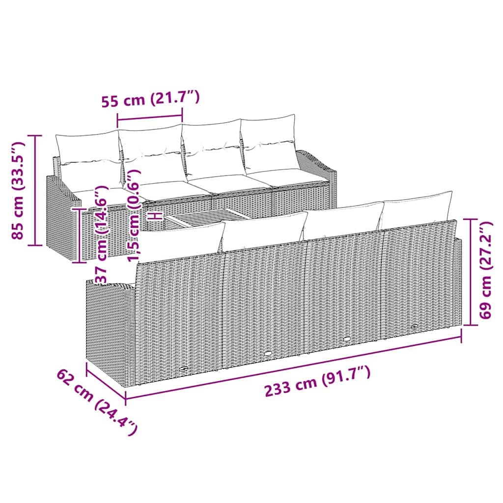 Set Divano da Giardino con cuscino 9 pcs Beige polyrattan | homemem39