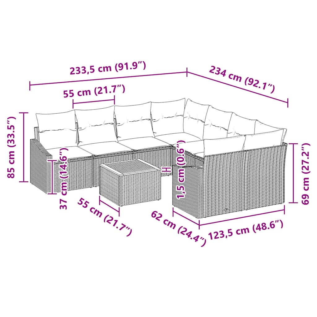 Set Divano da Giardino con cuscino 9 pcs Beige polyrattan | homemem39
