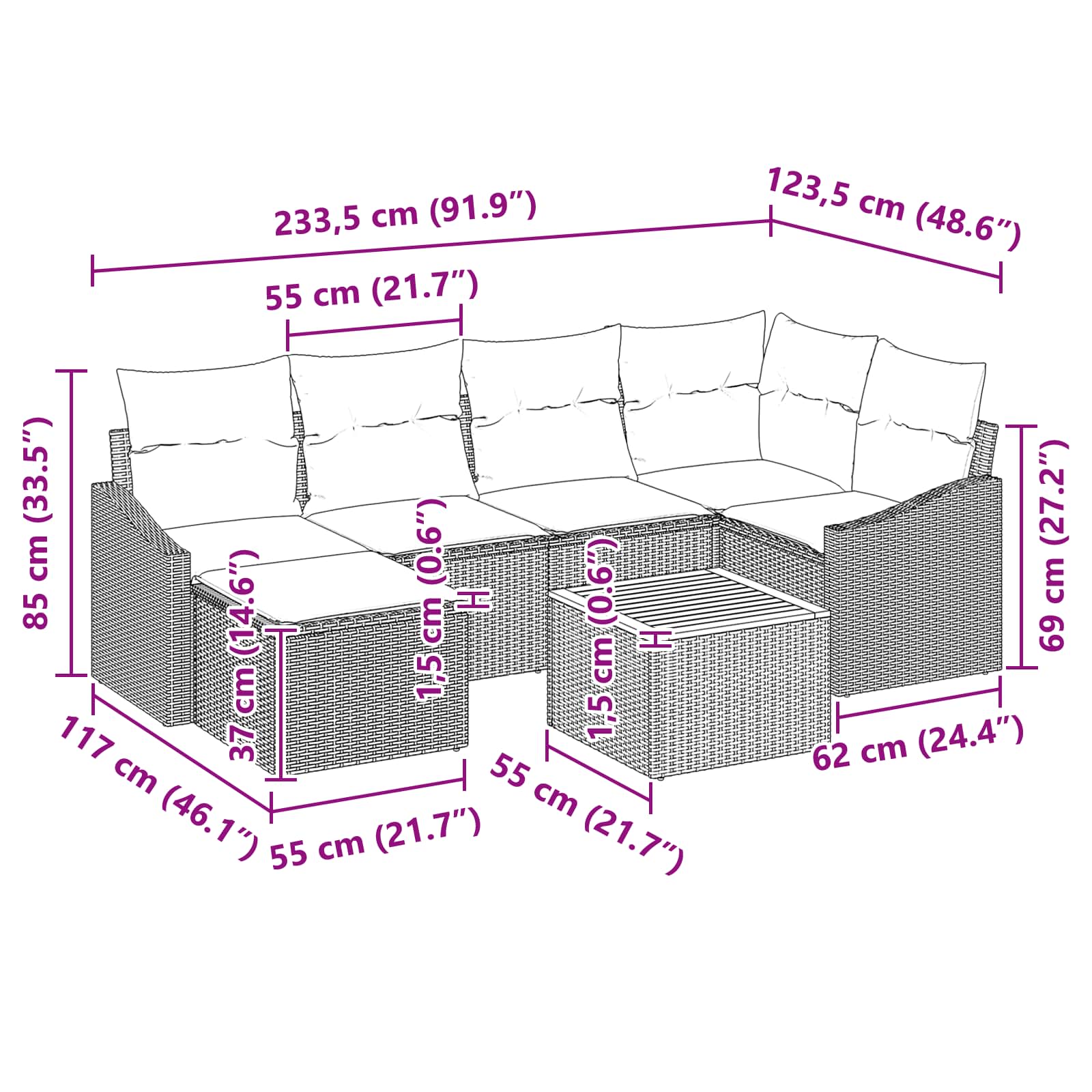 Set Divano da Giardino con cuscino 7 pcs Nero polyrattan | homemem39
