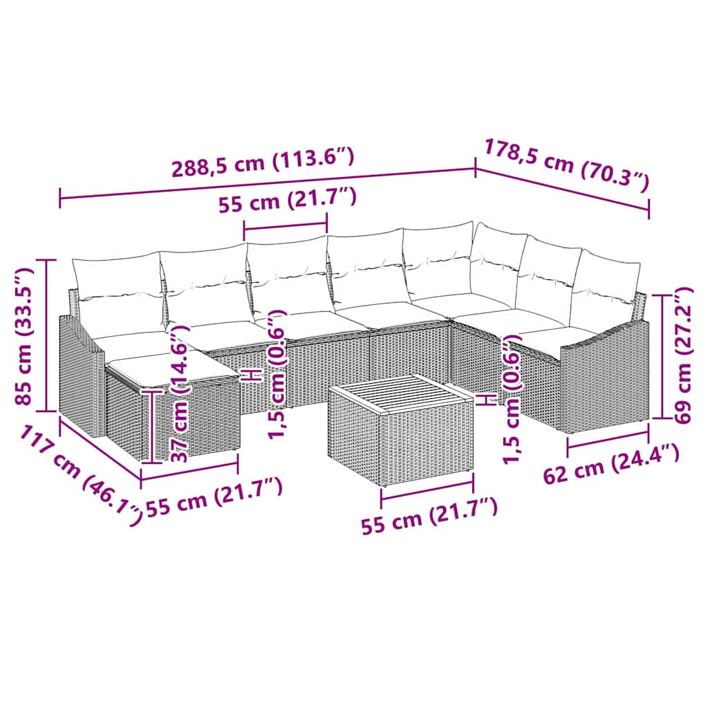Set Divano da Giardino con cuscino 9 pcs Nero polyrattan | homemem39