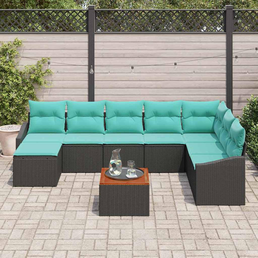 Set Divano da Giardino con cuscino 9 pcs Nero polyrattan | homemem39