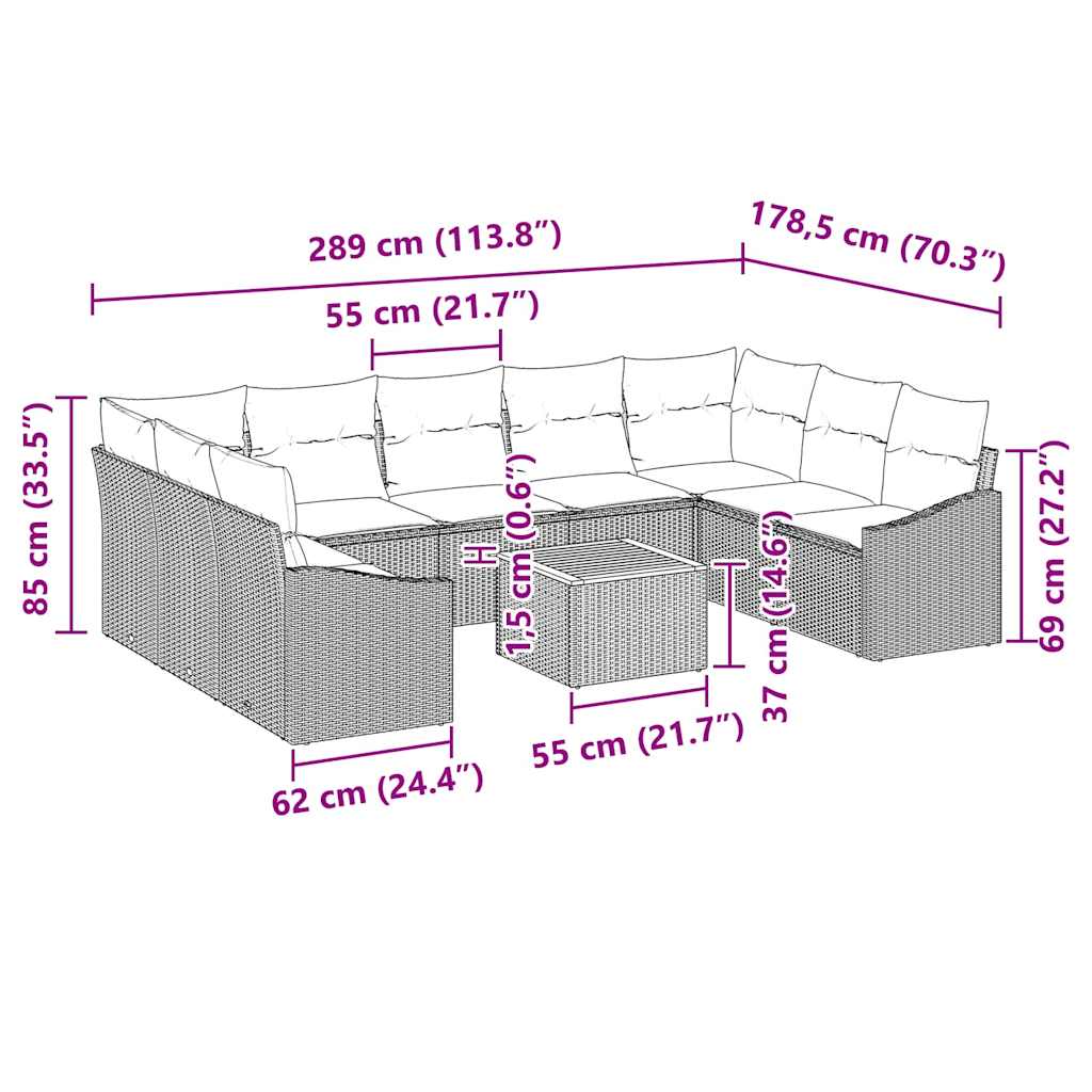 Set Divano da Giardino con cuscino 10 pcs Grigio polyrattan | homemem39