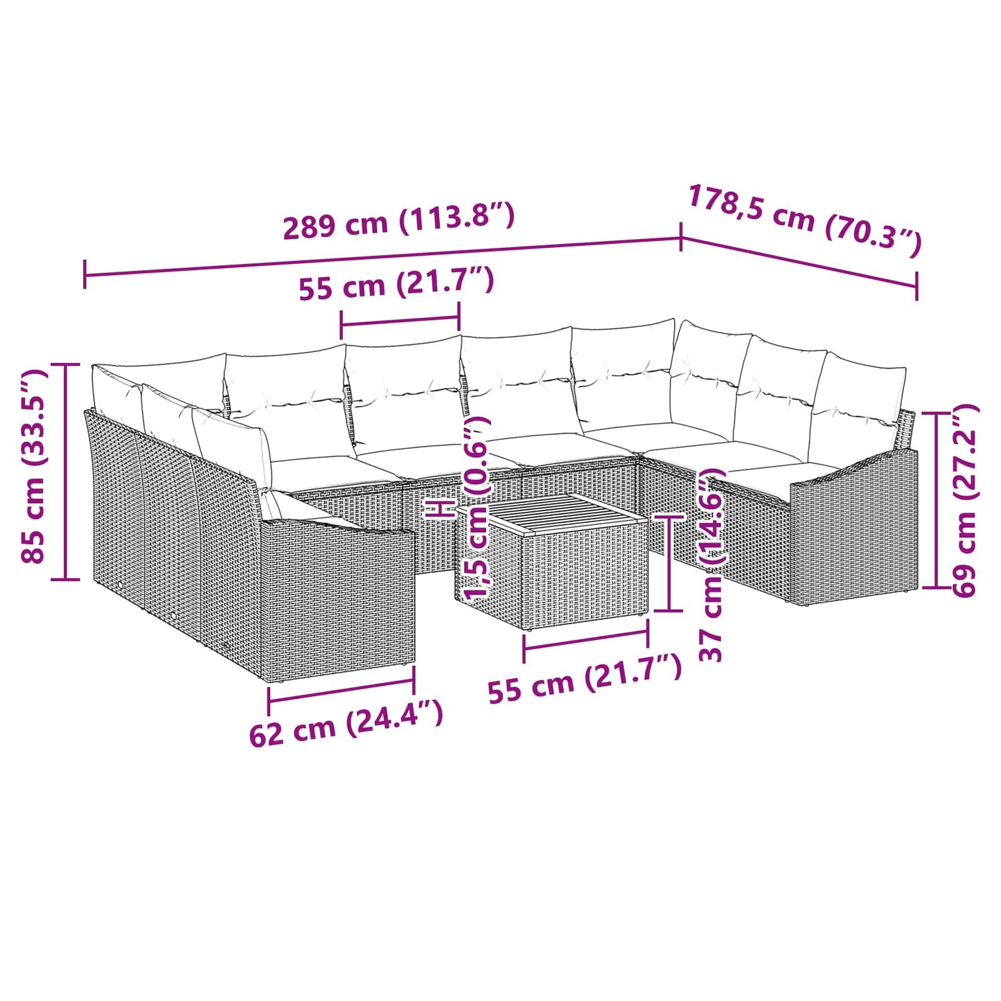 Set Divano da Giardino con cuscino 10 pcs Nero polyrattan | homemem39