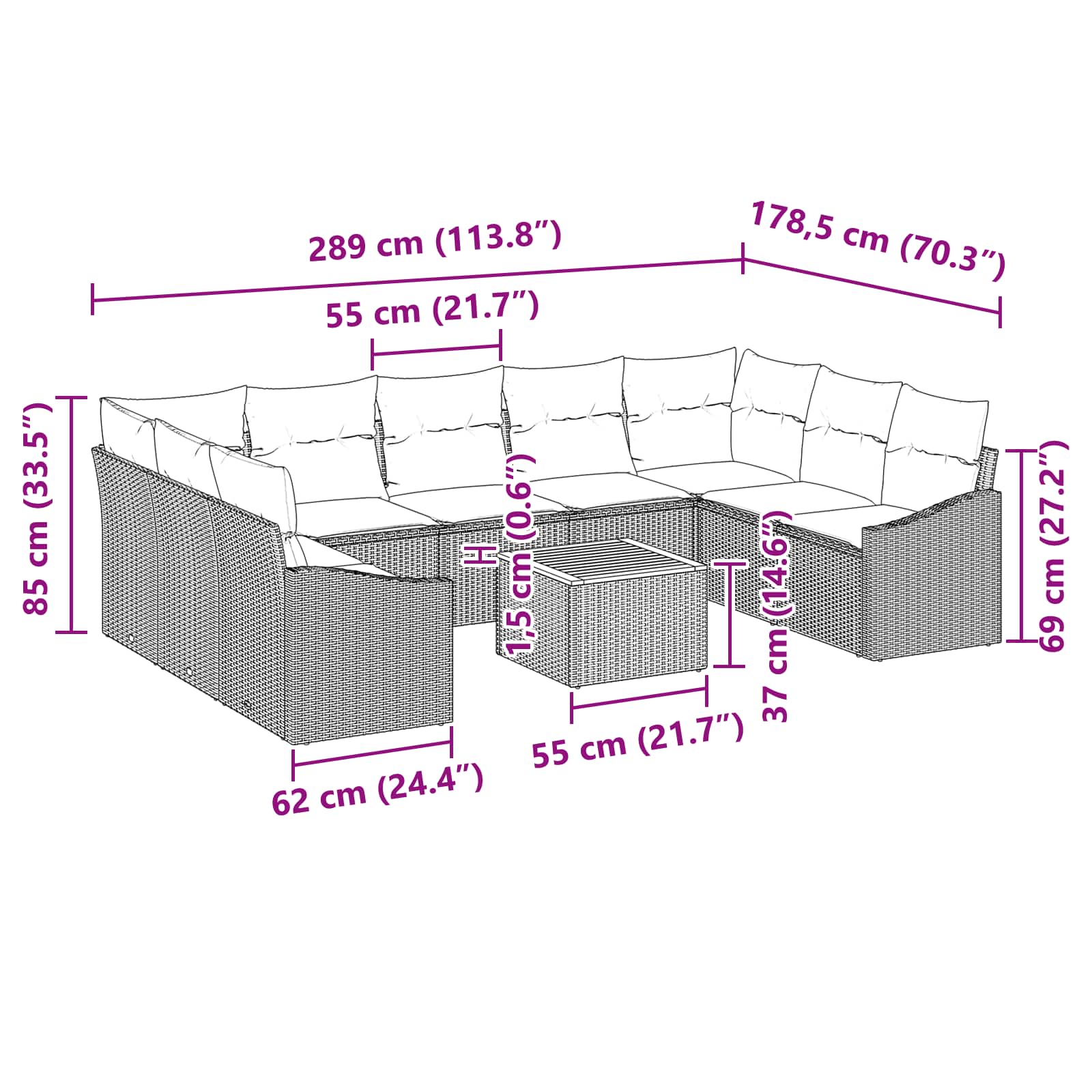 Set Divano da Giardino con cuscino 10 pcs Nero polyrattan | homemem39