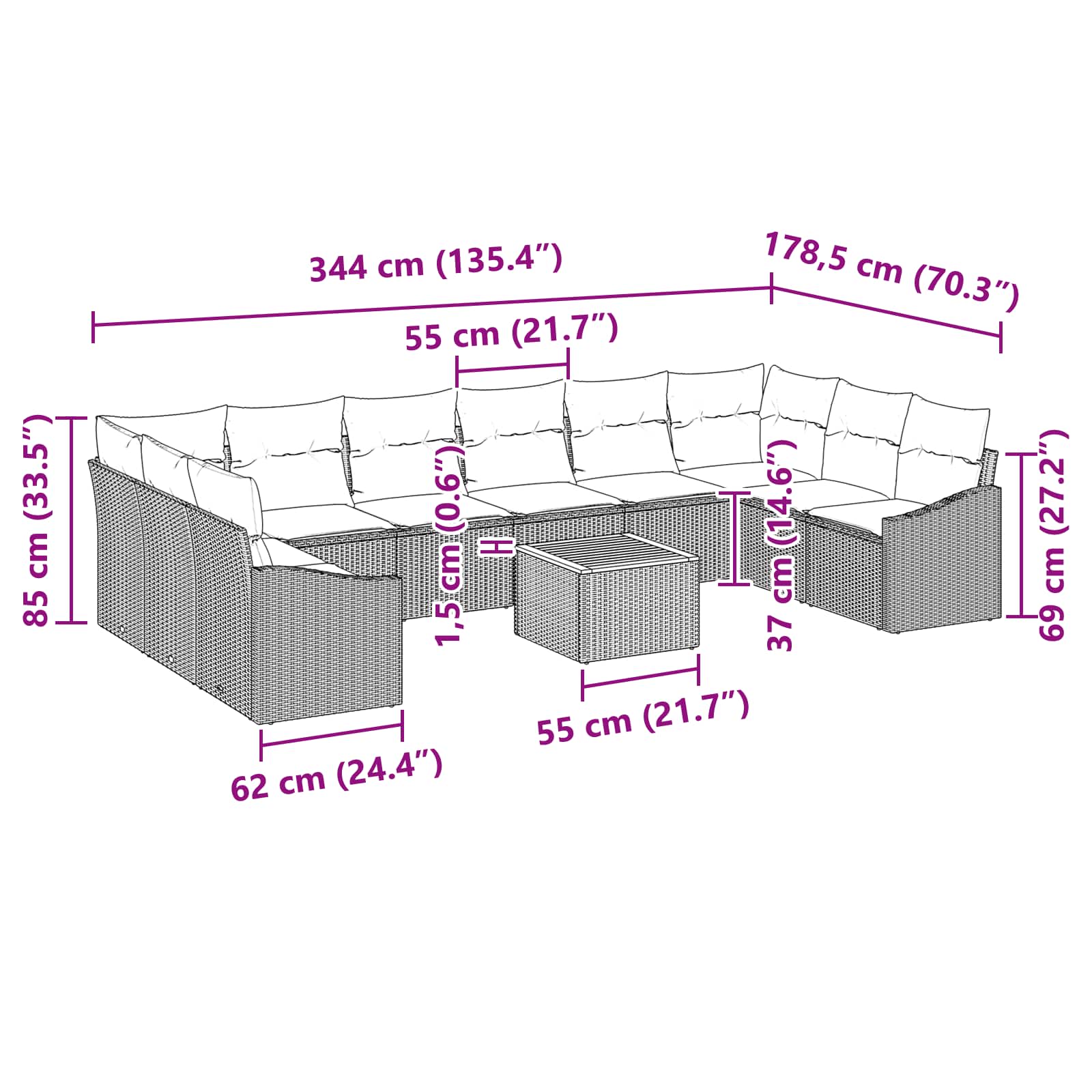 Set Divano da Giardino con cuscino 11 pcs Nero polyrattan | homemem39