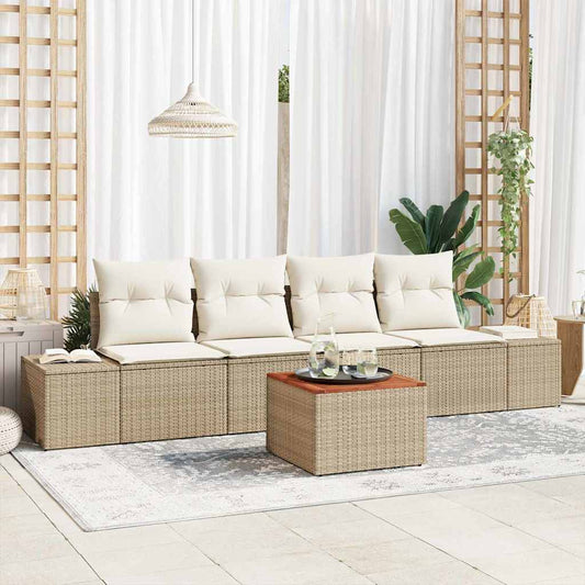 Set Divano da Giardino con cuscino 5 pcs Beige Poly Rattan