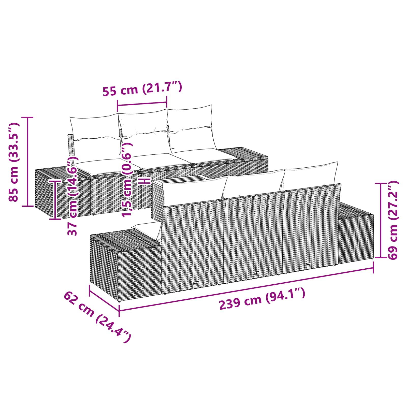 Set Divano da Giardino 7 pz Nero polyrattan | homemem39