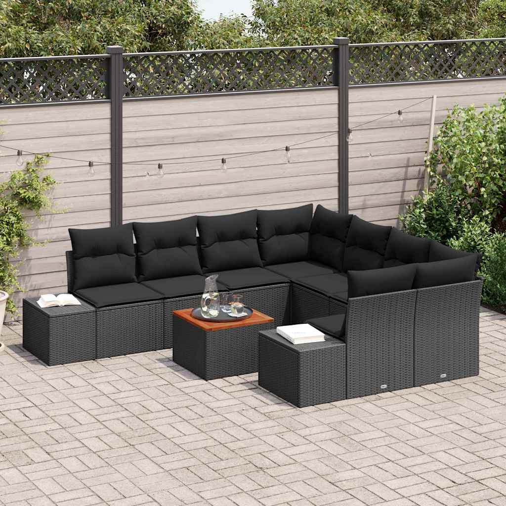 Set Divano da Giardino con cuscino 9 pcs Nero polyrattan | homemem39
