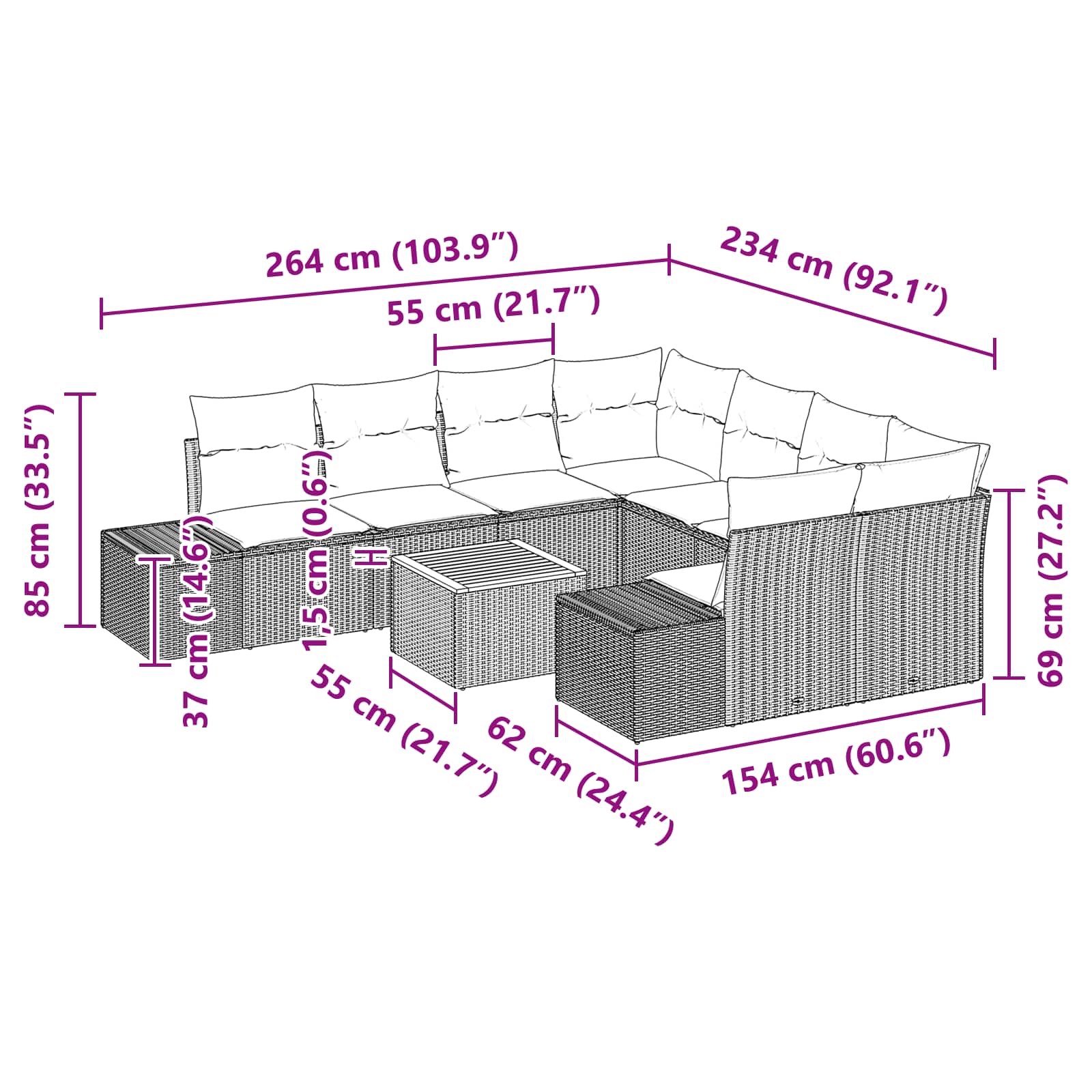 Set Divano da Giardino 9 pz Nero polyrattan | homemem39
