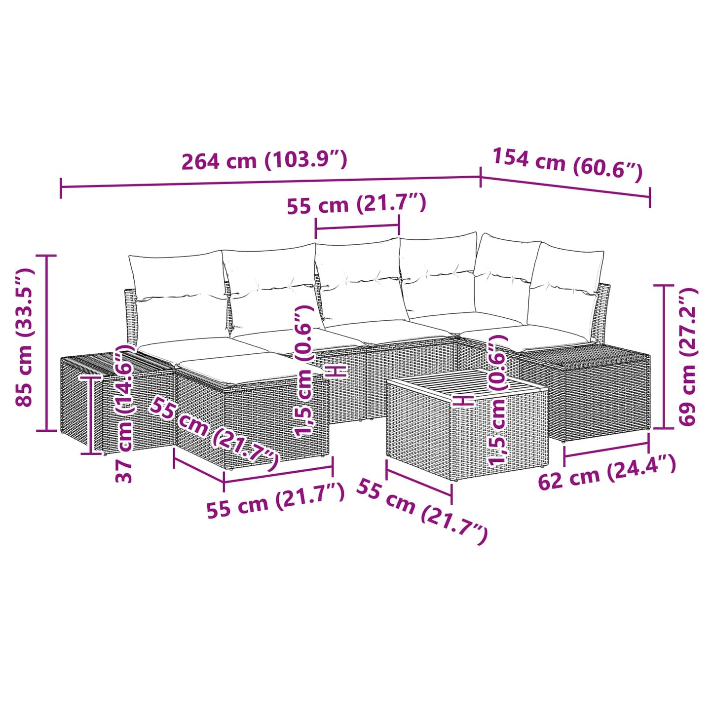 Set Divano da Giardino 7 pz Nero polyrattan | homemem39