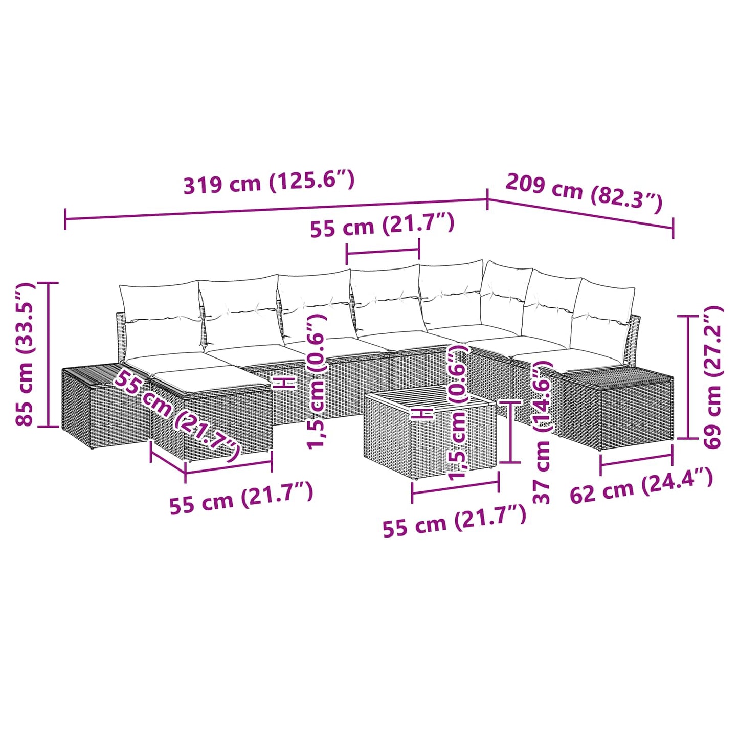 Set Divano da Giardino 9 pz Nero polyrattan | homemem39