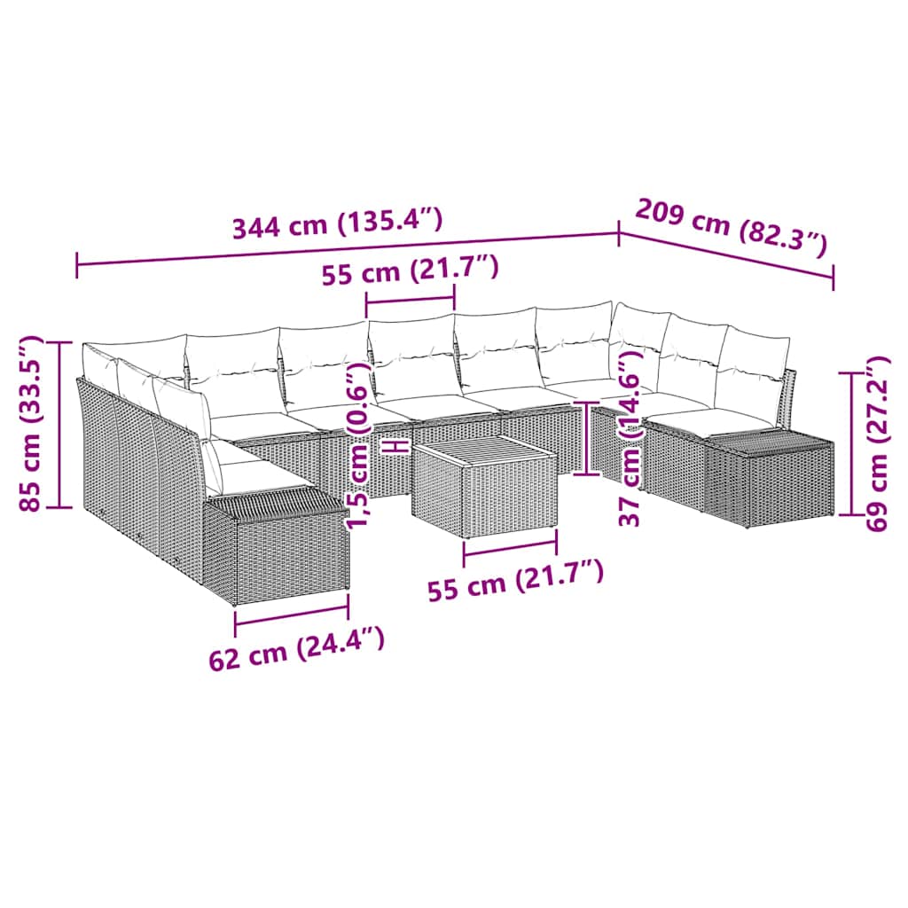 Set Divano da Giardino con cuscino 11 pcs Beige polyrattan | homemem39