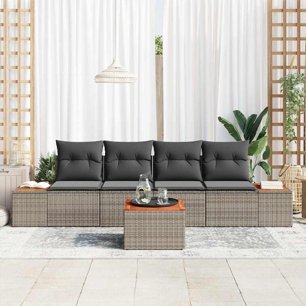 Set Divano da Giardino con cuscino 5 pcs Grigio Poly Rattan | homemem39