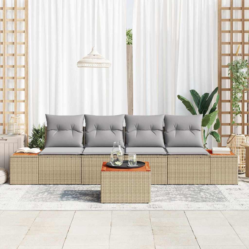 Set Divano da Giardino con cuscino 5 pcs Beige Poly Rattan | homemem39