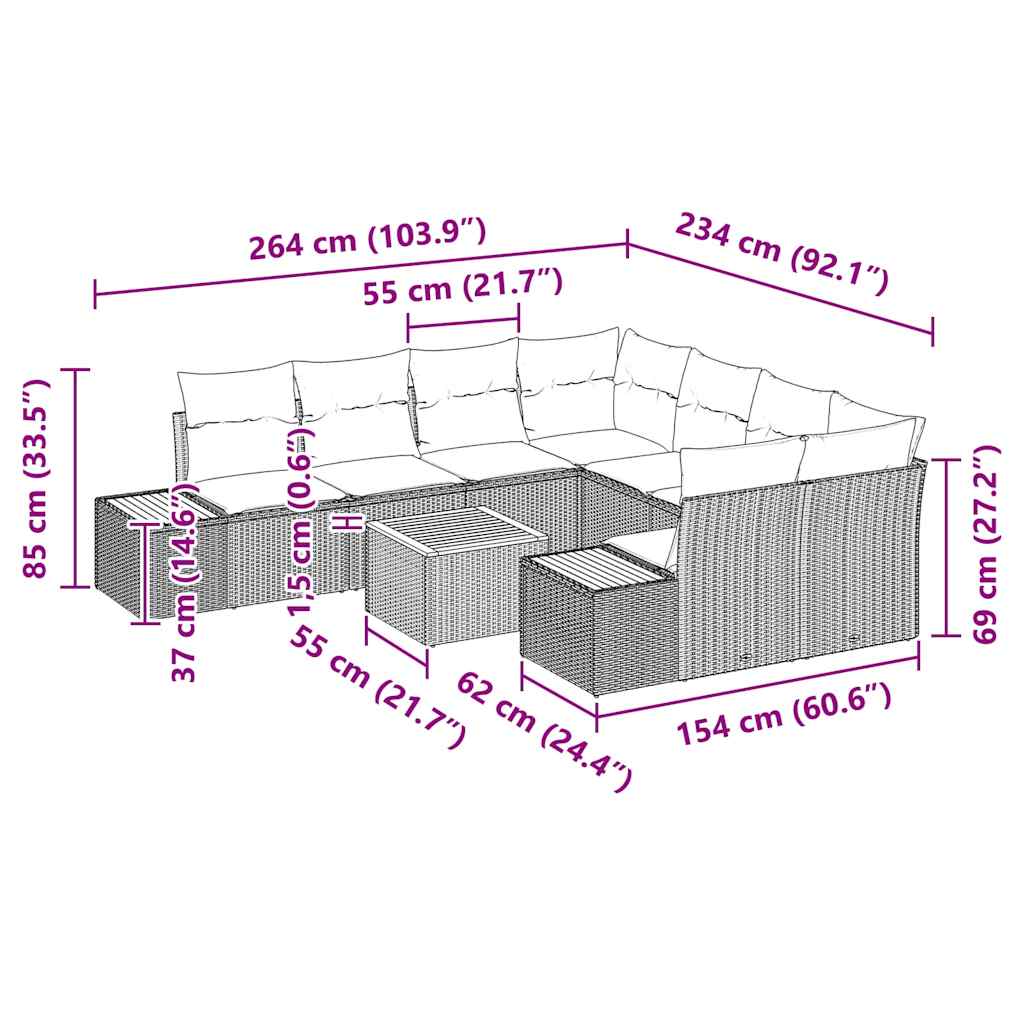 Set Divano da Giardino con cuscino 9 pcs Grigio Poly Rattan | homemem39