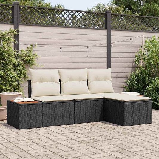 Set Divano da Giardino con cuscino 4 pcs Nero polyrattan