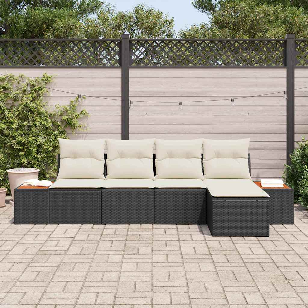 Set Divano da Giardino con cuscino 5 pcs Nero Poly Rattan | homemem39