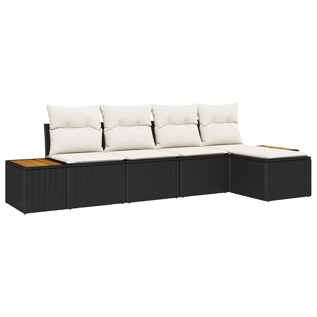 Set Divano da Giardino con cuscino 5 pcs Nero Poly Rattan | homemem39