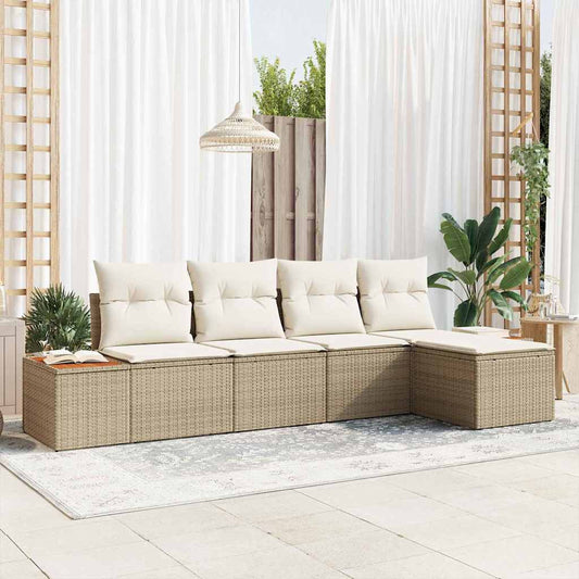 Set Divano da Giardino con cuscino 5 pcs Beige Poly Rattan