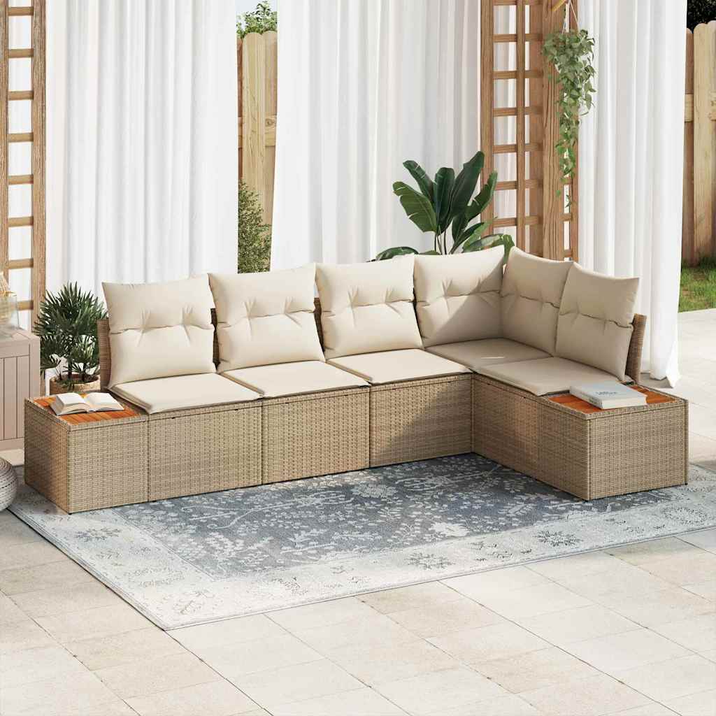 Set Divano da Giardino con cuscino 5 pcs Beige Poly Rattan