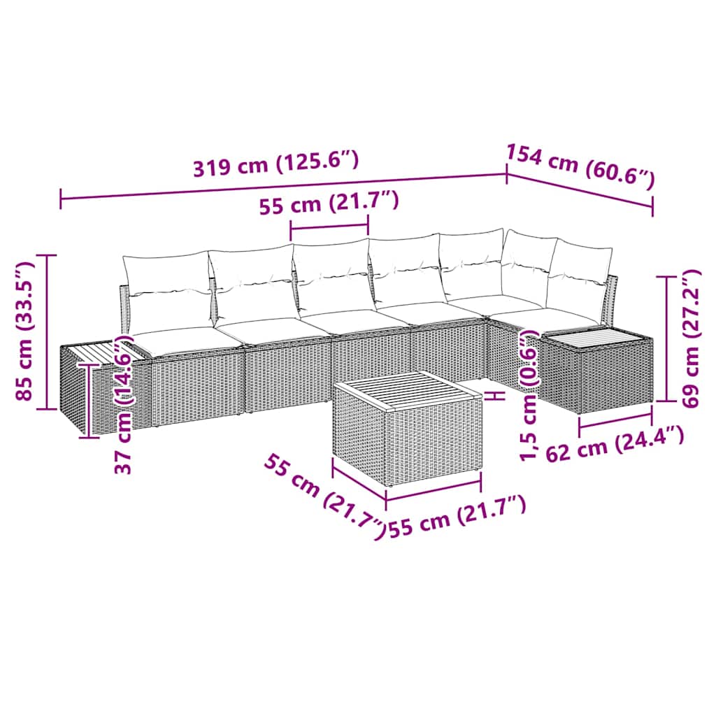Set Divano da Giardino con cuscino 7 pcs Nero Poly Rattan | homemem39