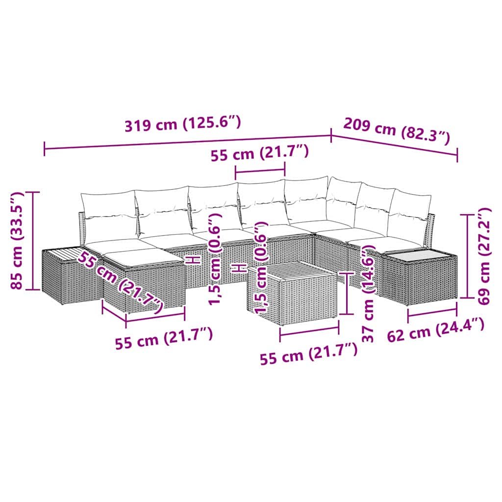 Set Divano da Giardino con cuscino 9 pcs Beige Poly Rattan
