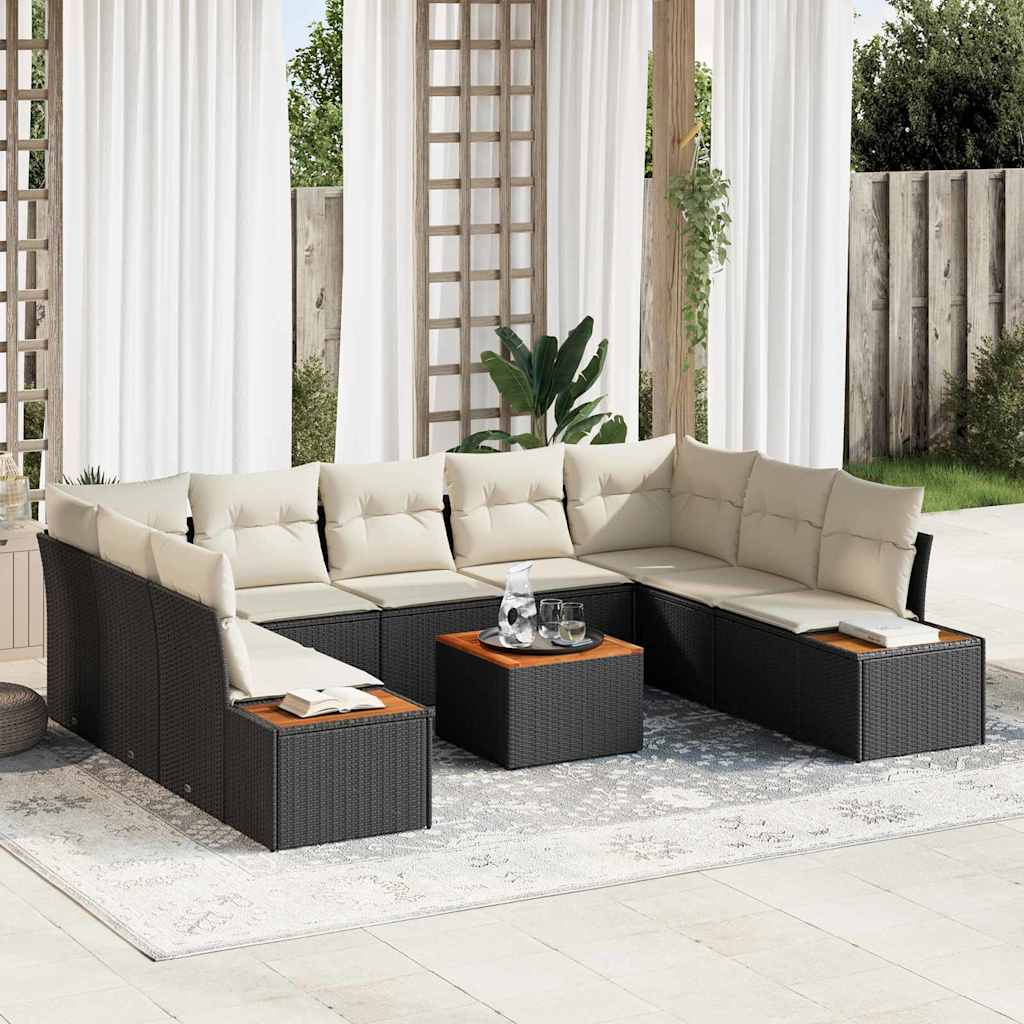 Set Divano da Giardino con cuscino 10 pcs Nero Poly Rattan | homemem39