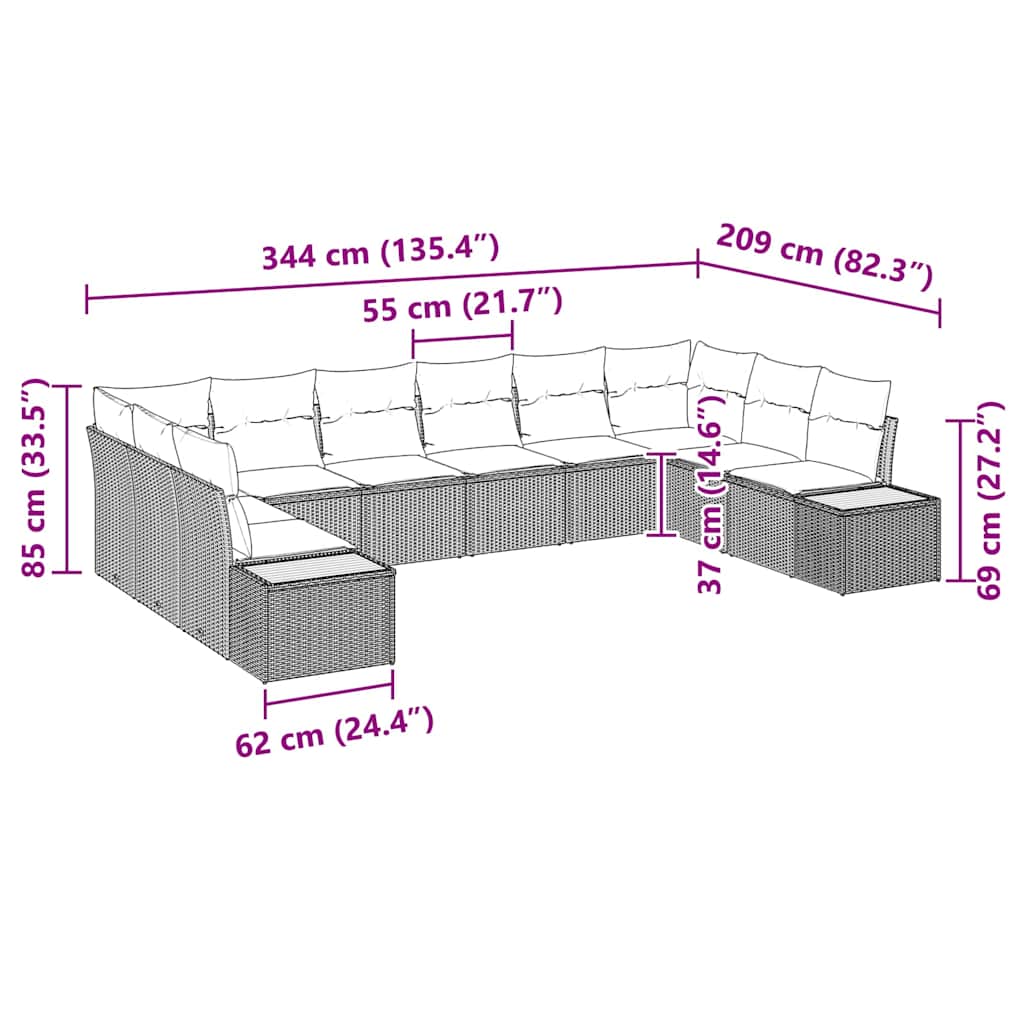 Set Divano da Giardino con cuscino 10 pcs Grigio Poly Rattan | homemem39