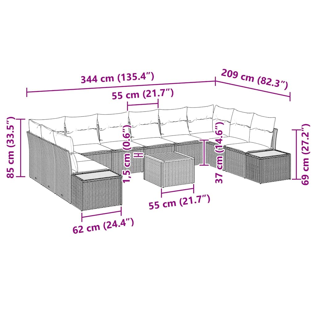 Set Divano da Giardino con cuscino 11 pcs Nero Poly Rattan | homemem39