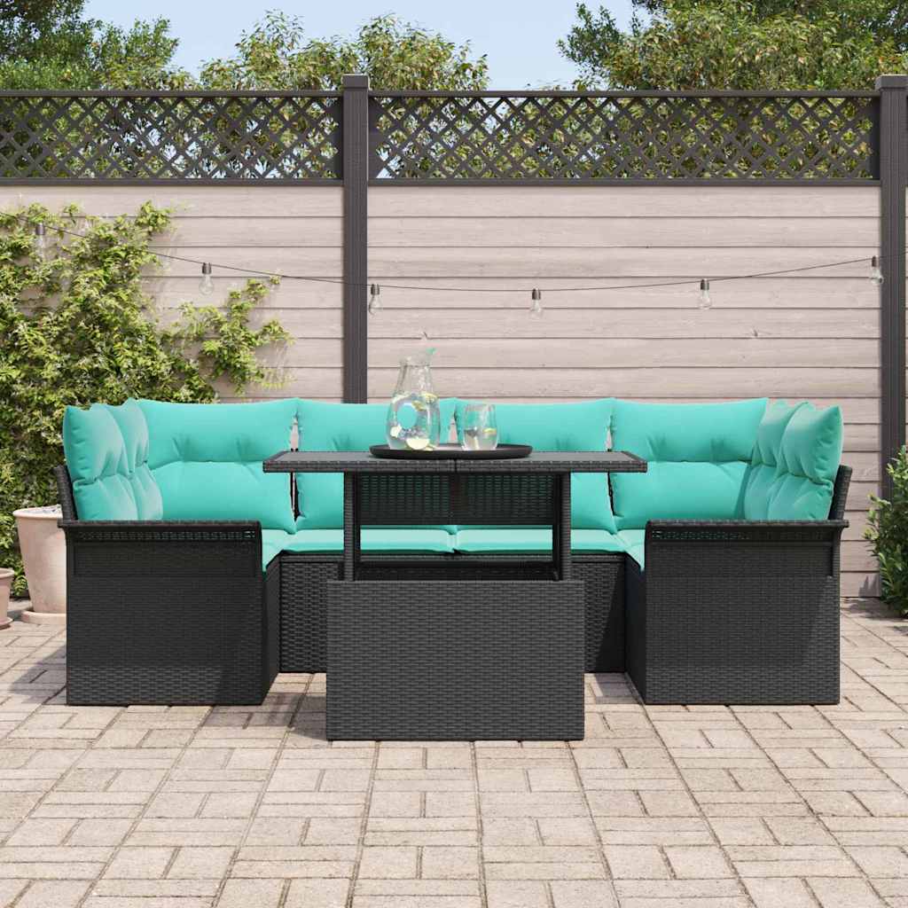 Set Divano da Giardino con cuscino 7 pcs Nero Poly Rattan | homemem39