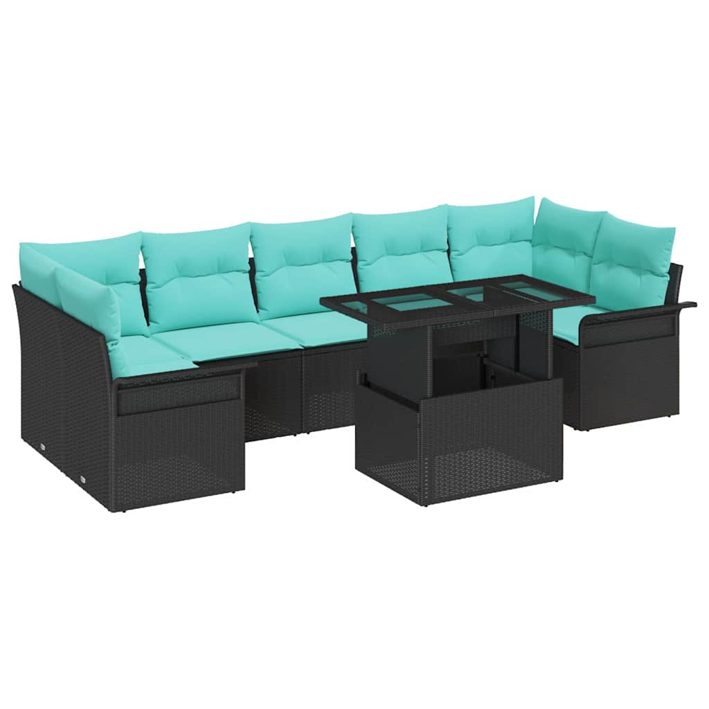 Set Divano da Giardino con cuscino 8 pcs Nero Poly Rattan | homemem39