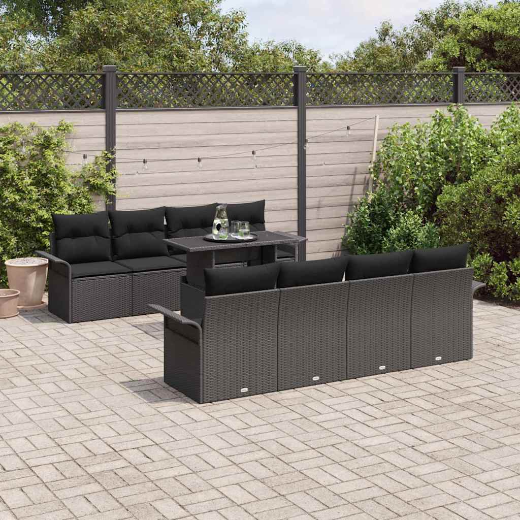 Set Divano da Giardino con cuscino 9 pcs Nero polyrattan | homemem39