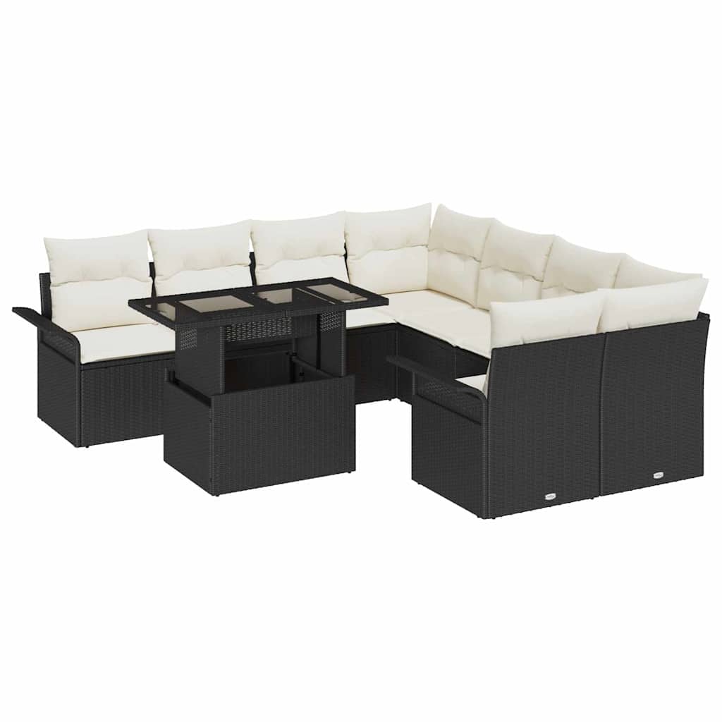Set Divano da Giardino con cuscino 9 pcs Nero Poly Rattan | homemem39
