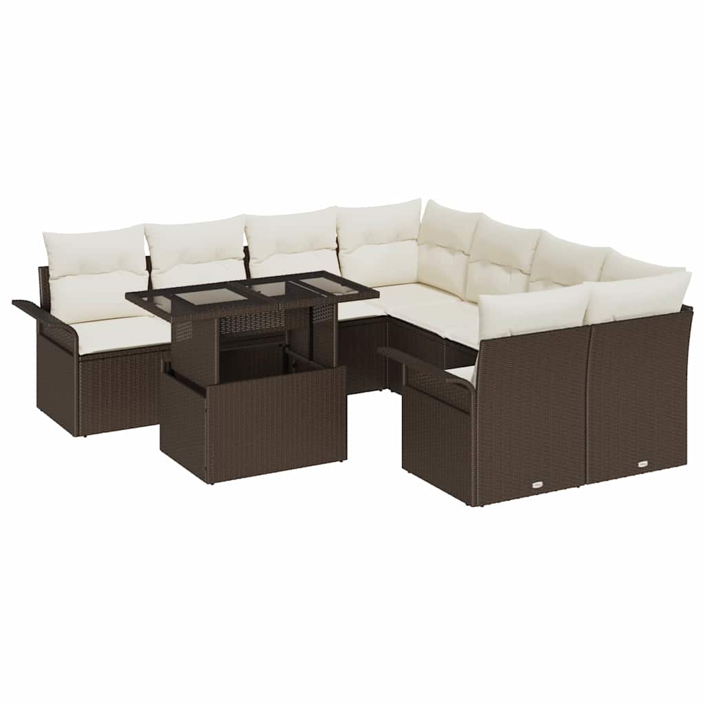 Set Divano da Giardino con cuscino 9 pcs Marrone Poly Rattan | homemem39