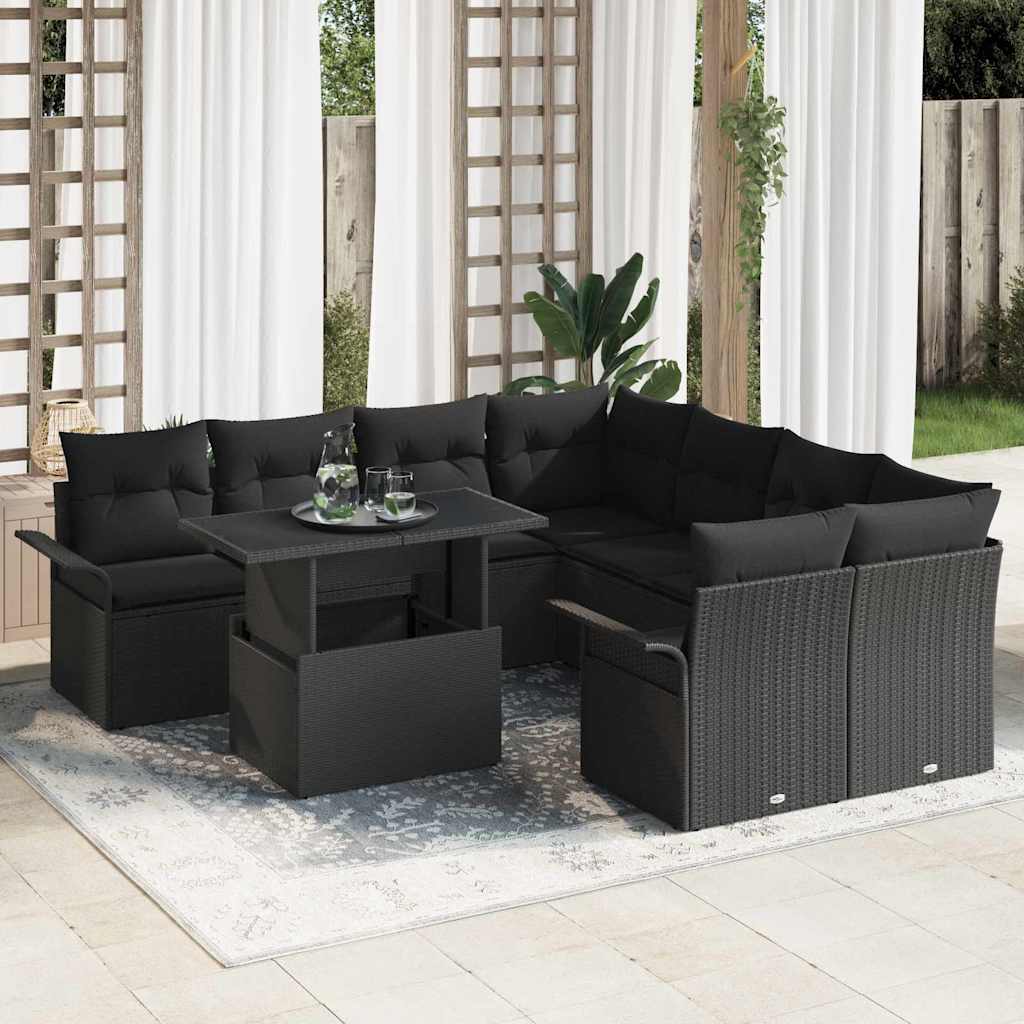 Set Divano da Giardino con cuscino 9 pcs Nero Poly Rattan | homemem39